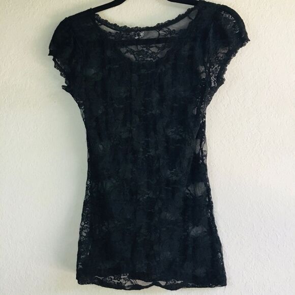 Black lace sheer short sleeve stretchy top witchy boho whimsygoth - Picture 5 of 5